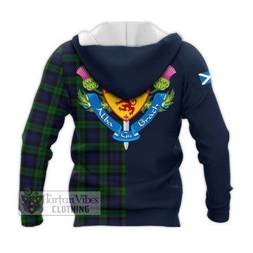 Black Watch Tartan Knitted Hoodie Alba with Scottish Lion Royal Arm Half Style