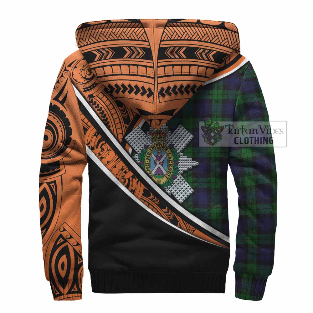 Tartan Vibes Clothing Black Watch Crest Tartan Sherpa Hoodie with Maori Tattoo Style - Orange Version