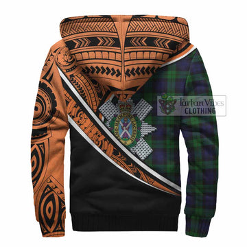 Black Watch Crest Tartan Sherpa Hoodie with Polynesian Vibes Style - Orange Version