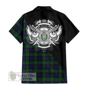 Black Watch Tartan Short Sleeve Button Shirt with Family Crest and Military Logo Style