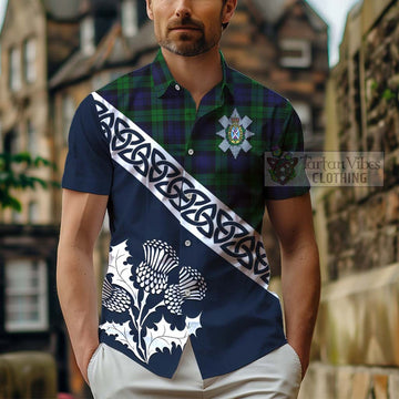 Black Watch Tartan Short Sleeve Button Shirt Featuring Thistle and Scotland Map