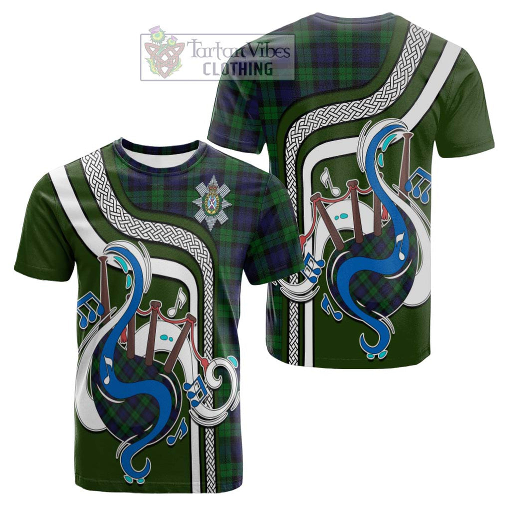 Tartan Vibes Clothing Black Watch Tartan Cotton T-shirt with Epic Bagpipe Style