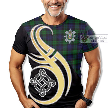 Black Watch Tartan T-Shirt with Family Crest and Celtic Symbol Style