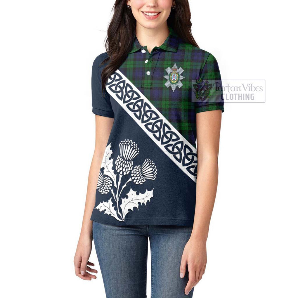 Tartan Vibes Clothing Black Watch Tartan Women's Polo Shirt Featuring Thistle and Scotland Map