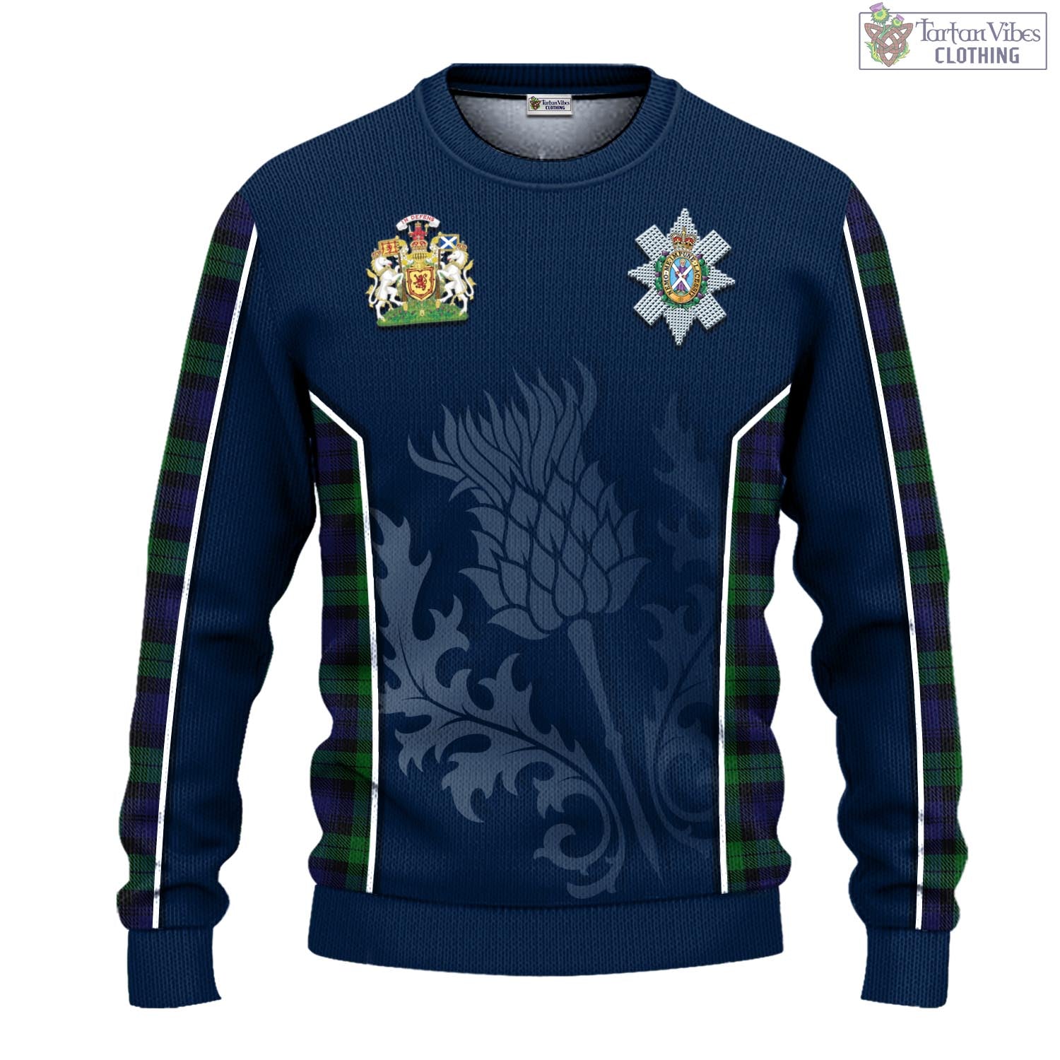 Tartan Vibes Clothing Black Watch Tartan Knitted Sweatshirt with Family Crest and Scottish Thistle Vibes Sport Style