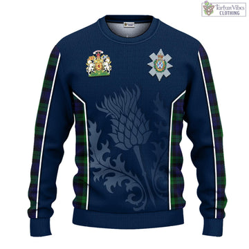 Black Watch Tartan Knitted Sweatshirt with Family Crest and Scottish Thistle Vibes Sport Style