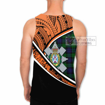 Black Watch Crest Tartan Men's Tank Top with Polynesian Vibes Style - Orange Version