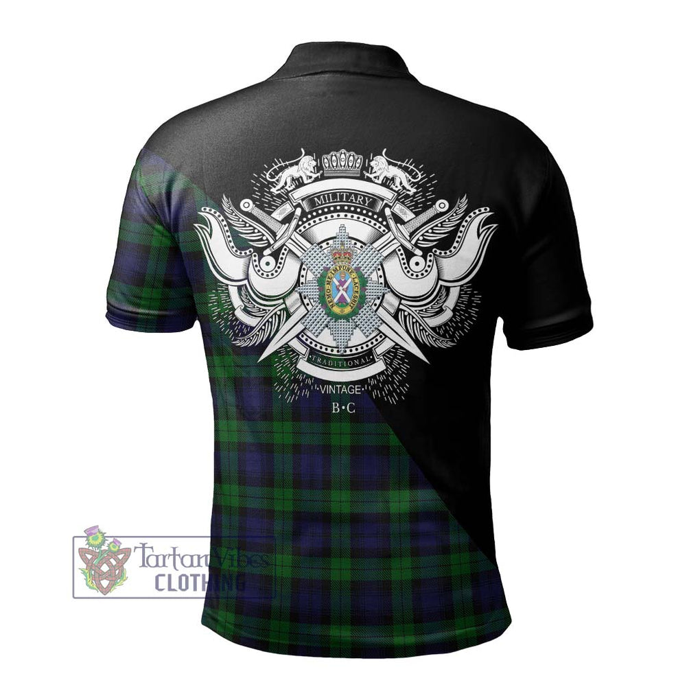 Black Watch Tartan Polo Shirt with Family Crest and Military Logo Style - Tartanvibesclothing Shop