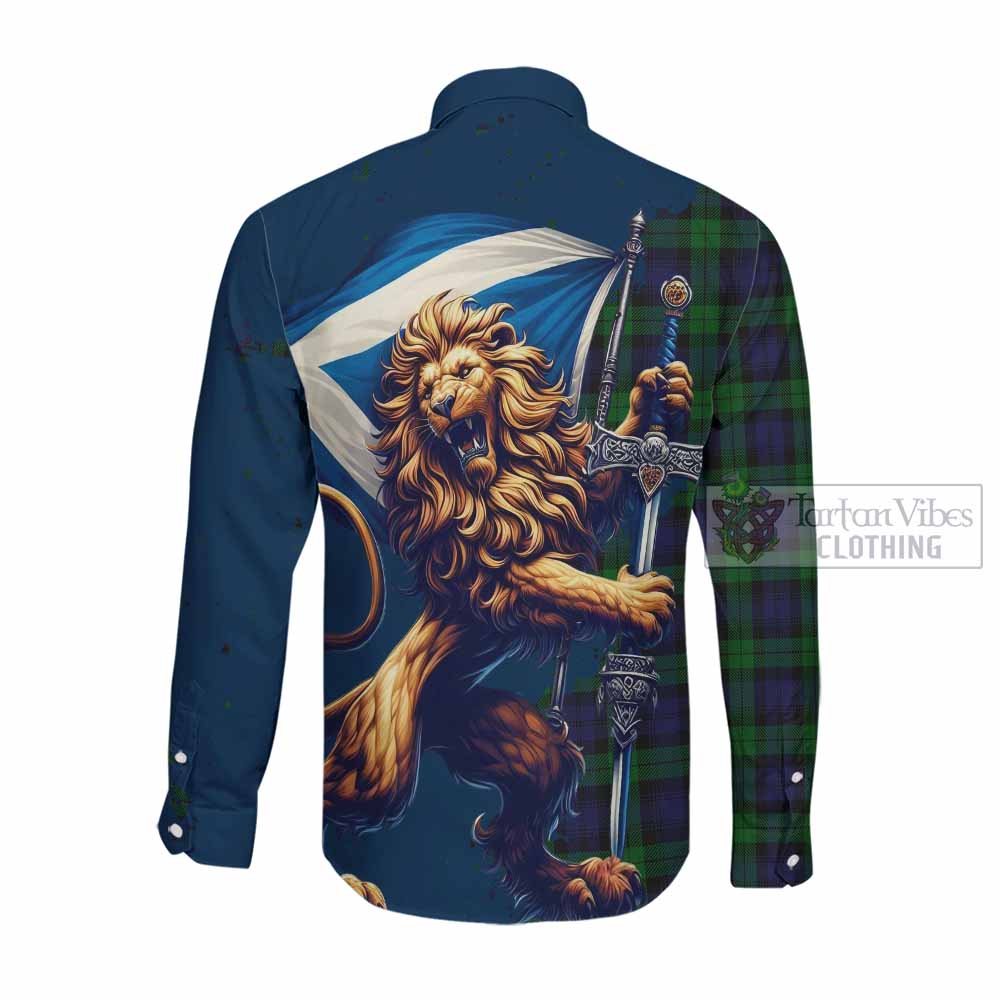 Tartan Vibes Clothing Black Watch Tartan Family Crest Long Sleeve Button Shirt with Scottish Majestic Lion