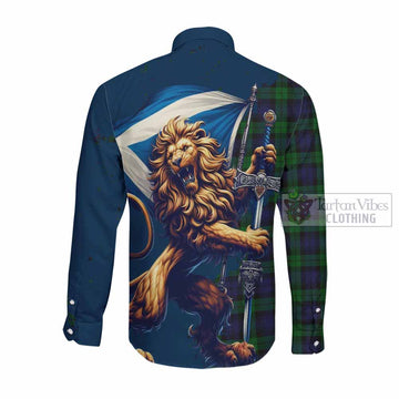 Black Watch Tartan Family Crest Long Sleeve Button Shirt with Scottish Majestic Lion