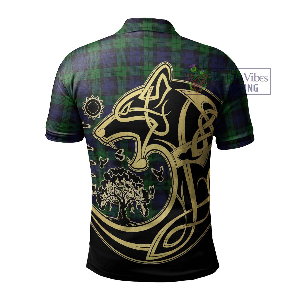 Black Watch Tartan Polo Shirt with Family Crest Celtic Wolf Style - Tartanvibesclothing Shop