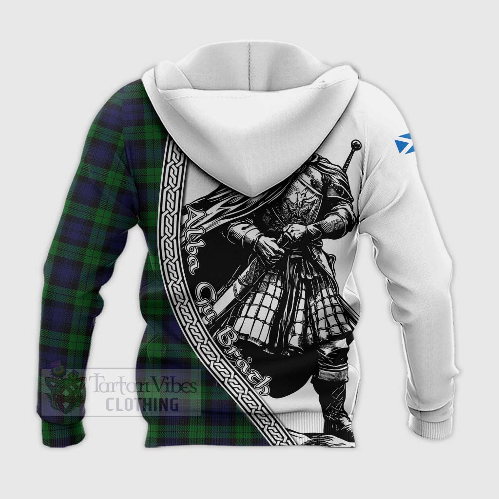 Tartan Vibes Clothing Black Watch Tartan Clan Crest Knitted Hoodie with Highlander Warrior Celtic Style