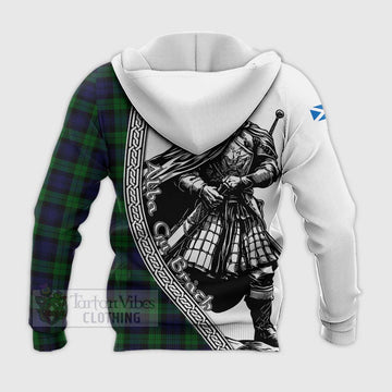 Black Watch Tartan Clan Crest Knitted Hoodie with Highlander Warrior Celtic Style