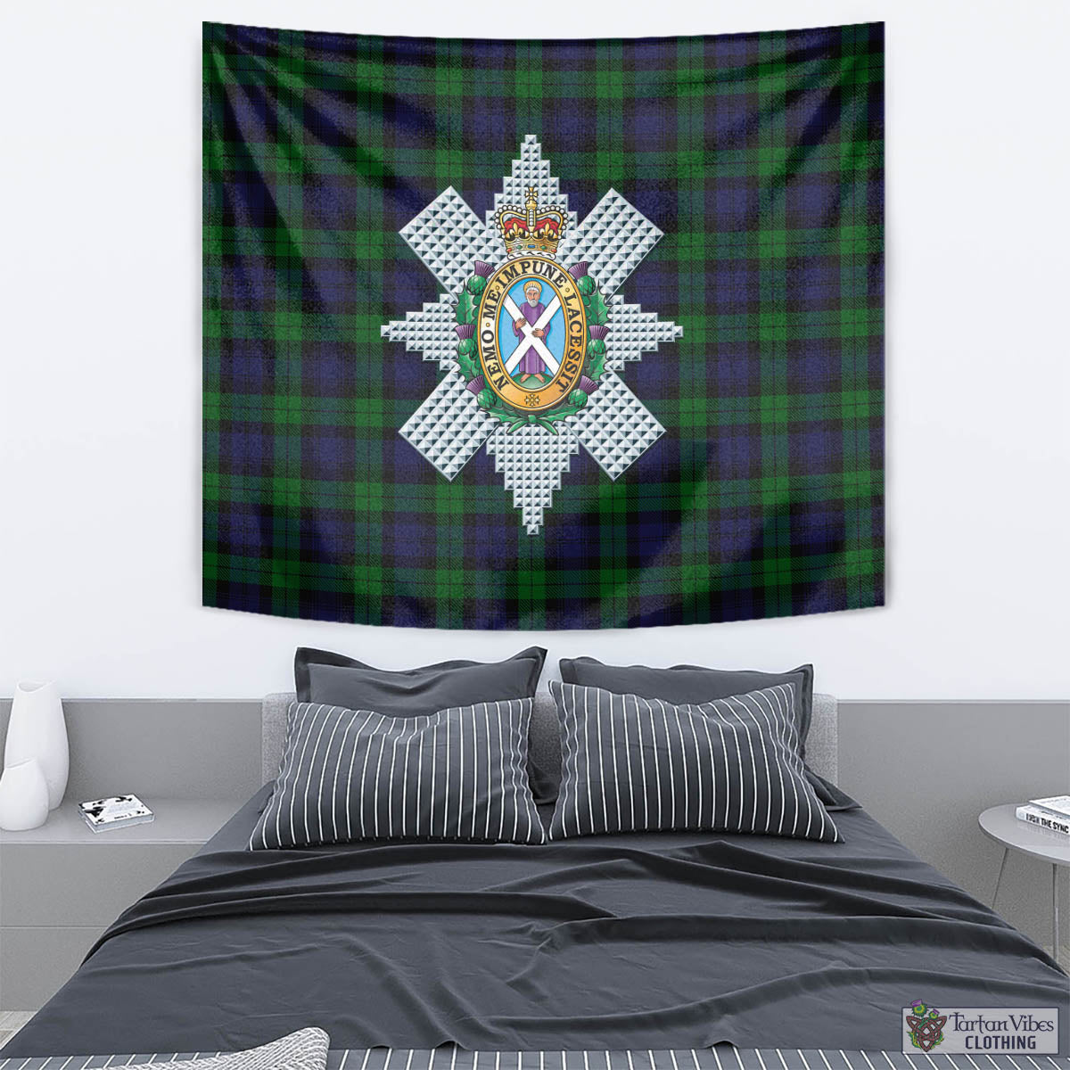 Tartan Vibes Clothing Black Watch Tartan Tapestry Wall Hanging and Home Decor for Room with Family Crest