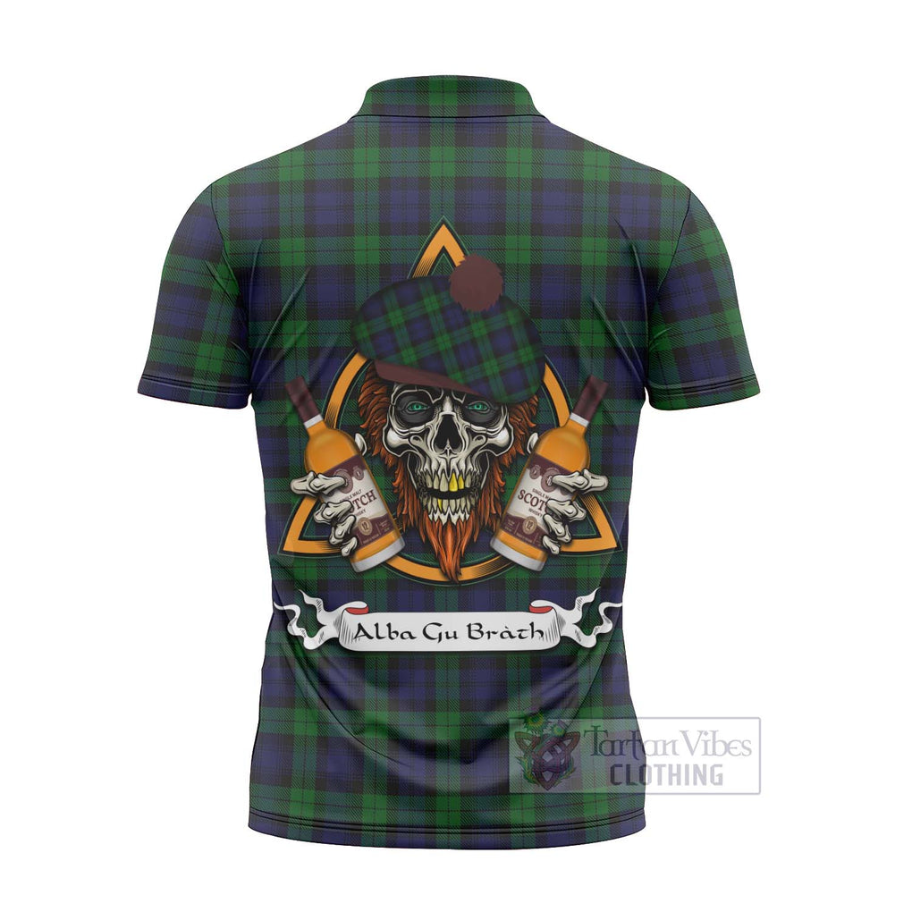 Tartan Vibes Clothing Black Watch Tartan Zipper Polo Shirt with Family Crest and Bearded Skull Holding Bottles of Whiskey