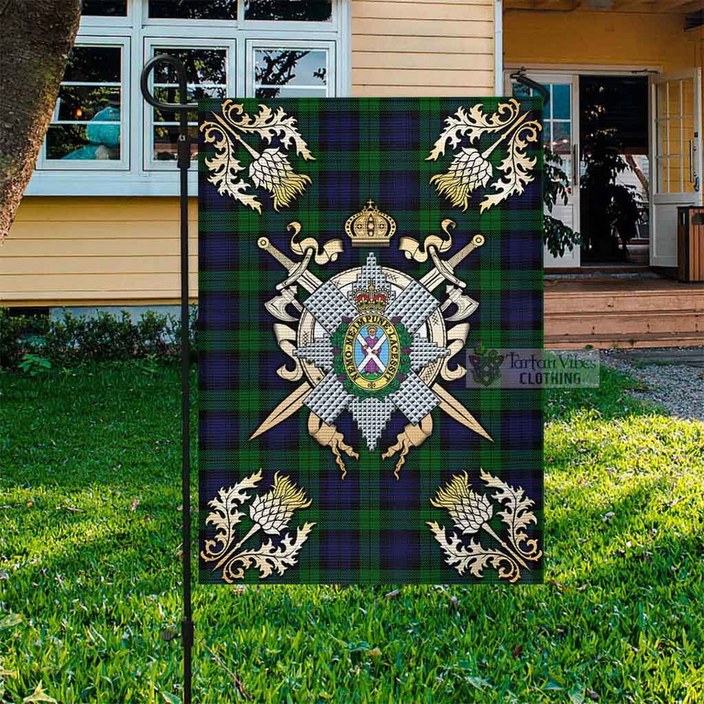 Tartan Vibes Clothing Black Watch Tartan Flag with Family Crest and Golden Thistle Crossed Sword Design