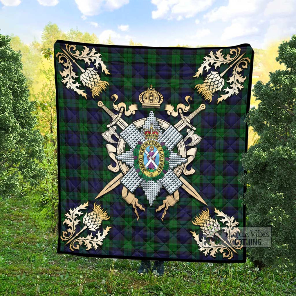 Tartan Vibes Clothing Black Watch Tartan Quilt with Family Crest and Scottish Golden Courage Shield