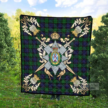 Black Watch Tartan Quilt with Family Crest and Scottish Golden Courage Shield