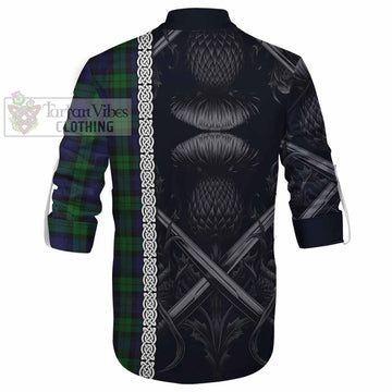 Black Watch Tartan Ghillie Kilt Shirt with Family Crest Cross Sword Thistle Celtic Vibes