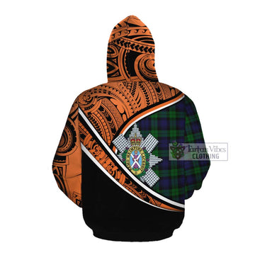 Black Watch Crest Tartan Cotton Hoodie with Polynesian Vibes Style - Orange Version