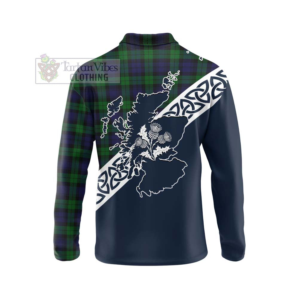 Tartan Vibes Clothing Black Watch Tartan Long Sleeve Polo Shirt Featuring Thistle and Scotland Map