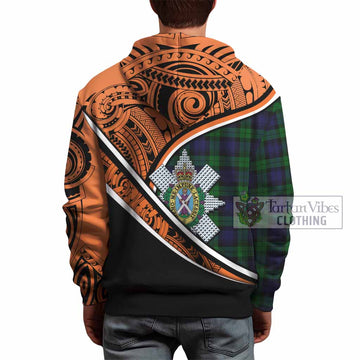 Black Watch Crest Tartan Hoodie with Polynesian Vibes Style - Orange Version