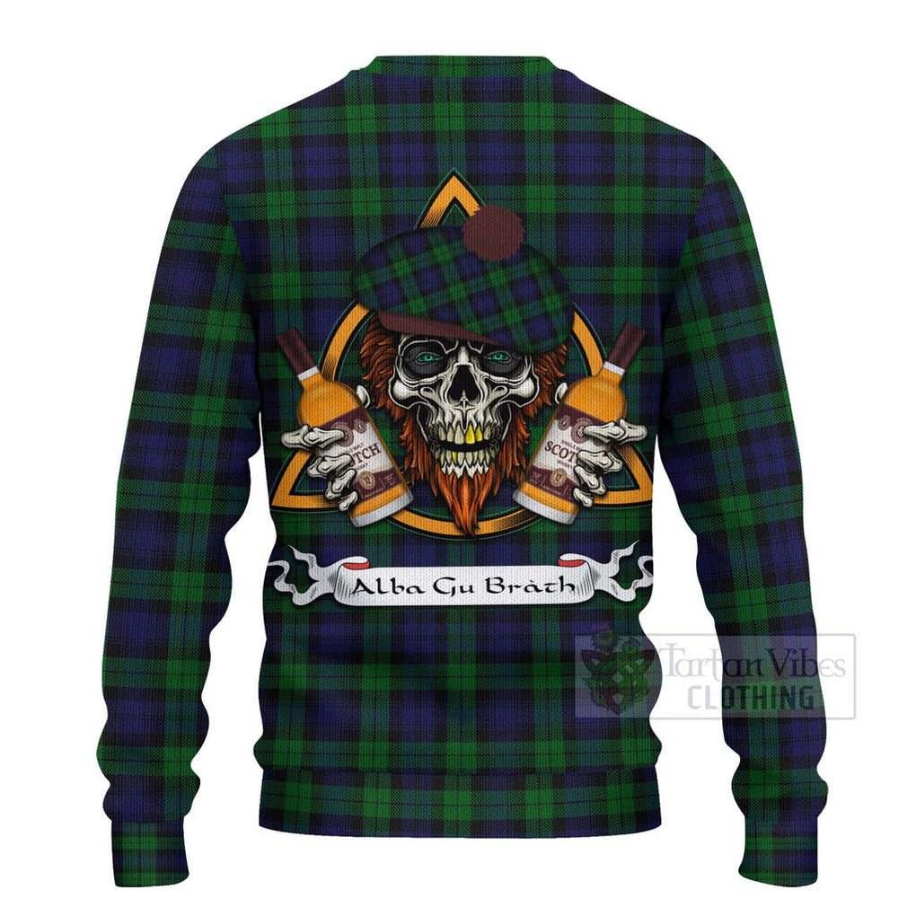 Tartan Vibes Clothing Black Watch Tartan Knitted Sweater with Family Crest and Bearded Skull Holding Bottles of Whiskey