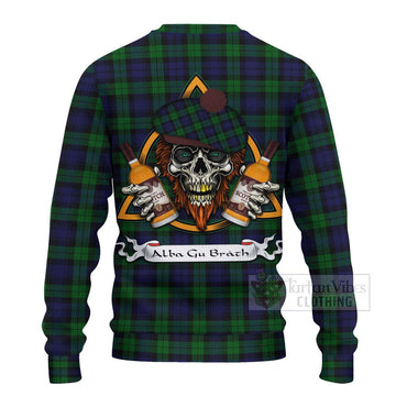 Black Watch Tartan Ugly Sweater with Family Crest and Bearded Skull Holding Bottles of Whiskey