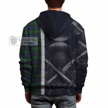 Black Watch Tartan Hoodie with Family Crest Cross Sword Thistle Celtic Vibes