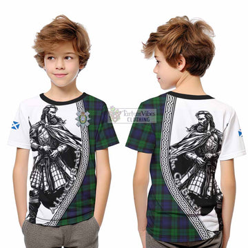 Black Watch Tartan Clan Crest Kid T-Shirt with Highlander Warrior Celtic Style