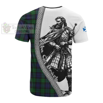 Black Watch Tartan Clan Crest Cotton T-shirt with Highlander Warrior Celtic Style