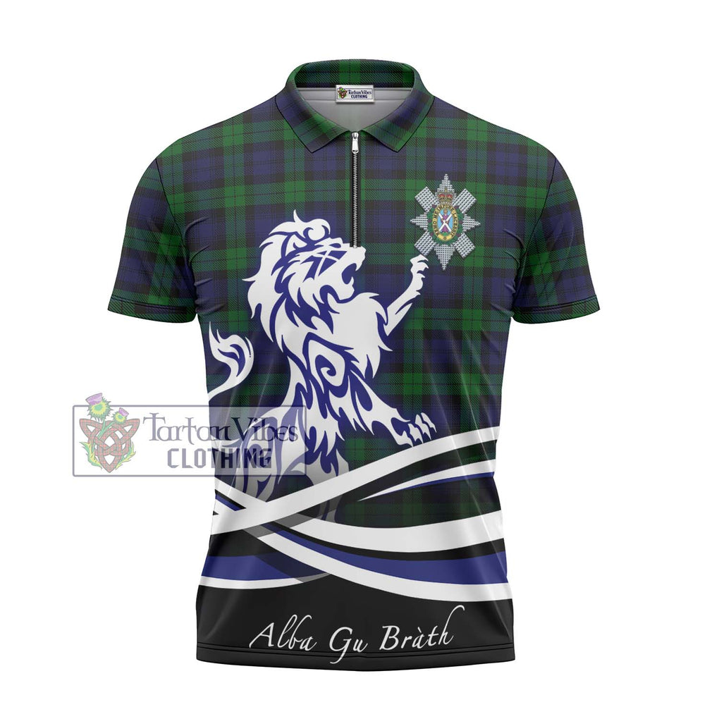 Black Watch Tartan Zipper Polo Shirt with Alba Gu Brath Regal Lion Emblem - Tartanvibesclothing Shop