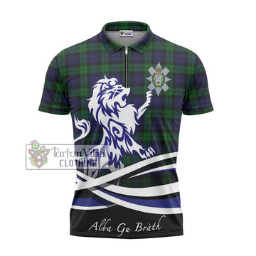 Black Watch Tartan Zipper Polo Shirt with Alba Gu Brath Regal Lion Emblem