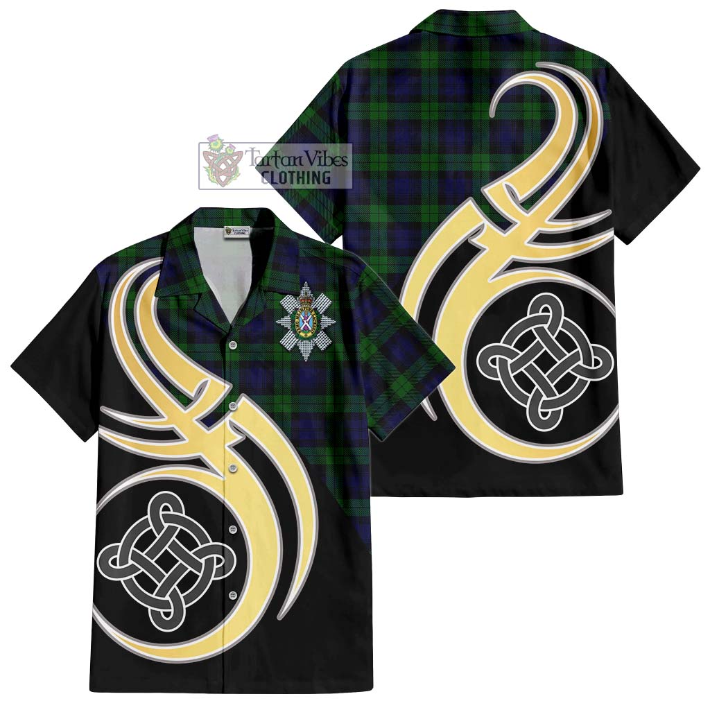 Black Watch Tartan Short Sleeve Button Shirt with Family Crest and Celtic Symbol Style - Tartan Vibes Clothing