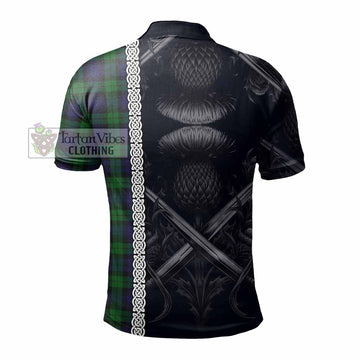 Black Watch Tartan Polo Shirt with Family Crest Cross Sword Thistle Celtic Vibes