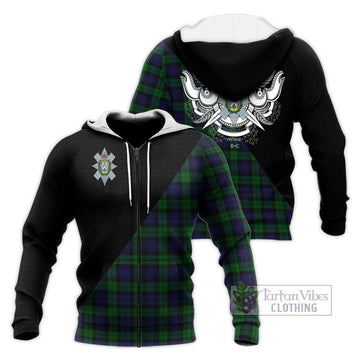 Black Watch Tartan Knitted Hoodie with Family Crest and Military Logo Style