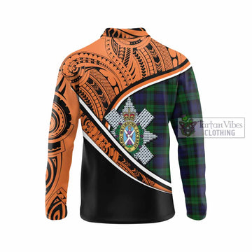 Black Watch Crest Tartan Long Sleeve Polo Shirt with Polynesian Vibes Style - Orange Version