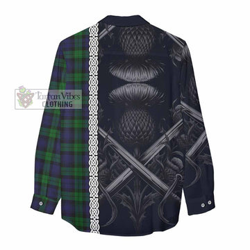 Black Watch Tartan Women's Casual Shirt with Family Crest Cross Sword Thistle Celtic Vibes