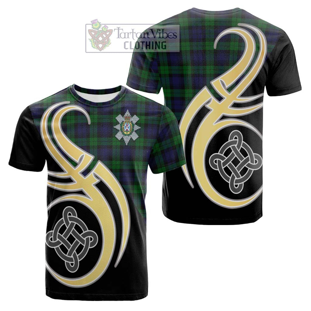 Tartan Vibes Clothing Black Watch Tartan Cotton T-shirt with Family Crest and Celtic Symbol Style