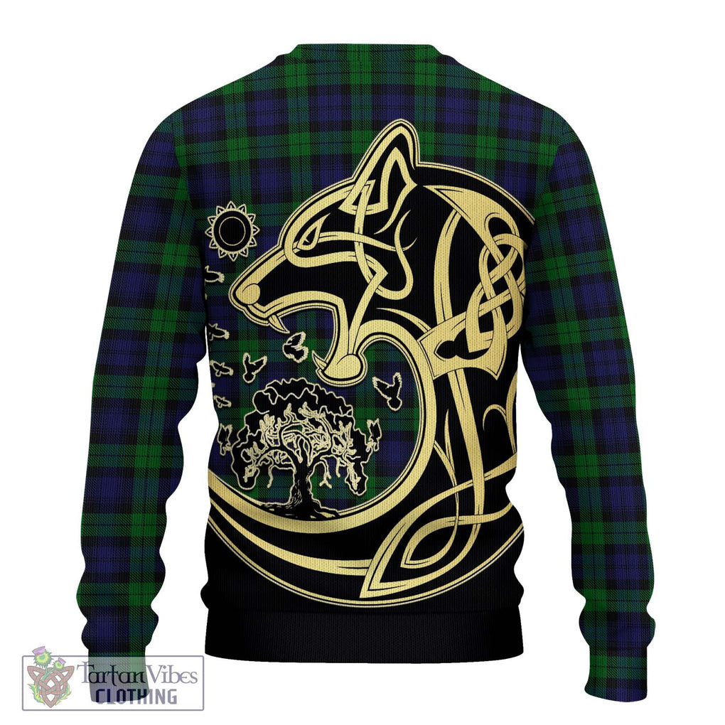 Black Watch Tartan Knitted Sweater with Family Crest Celtic Wolf Style - Tartan Vibes Clothing