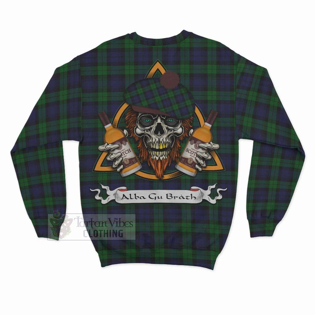 Tartan Vibes Clothing Black Watch Tartan Sweatshirt with Family Crest and Bearded Skull Holding Bottles of Whiskey