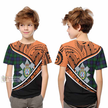 Black Watch Crest Tartan Kid T-Shirt with Polynesian Vibes Style - Orange Version