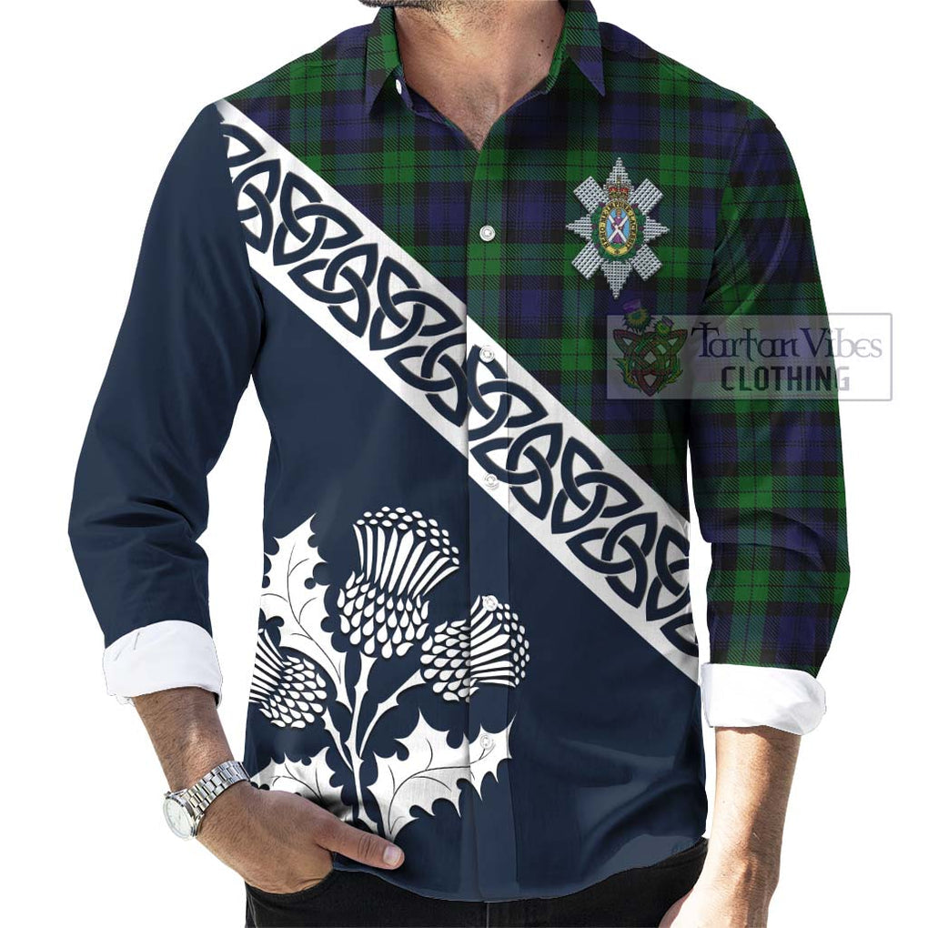 Tartan Vibes Clothing Black Watch Tartan Long Sleeve Button Shirt Featuring Thistle and Scotland Map