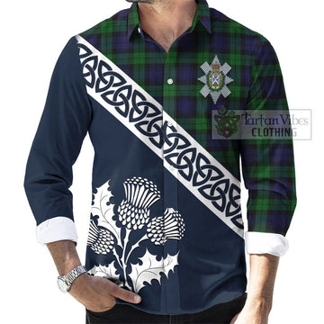 Black Watch Tartan Long Sleeve Button Shirt Featuring Thistle and Scotland Map