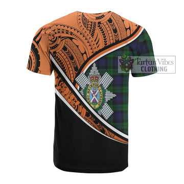 Black Watch Crest Tartan Cotton T-shirt with Polynesian Vibes Style - Orange Version