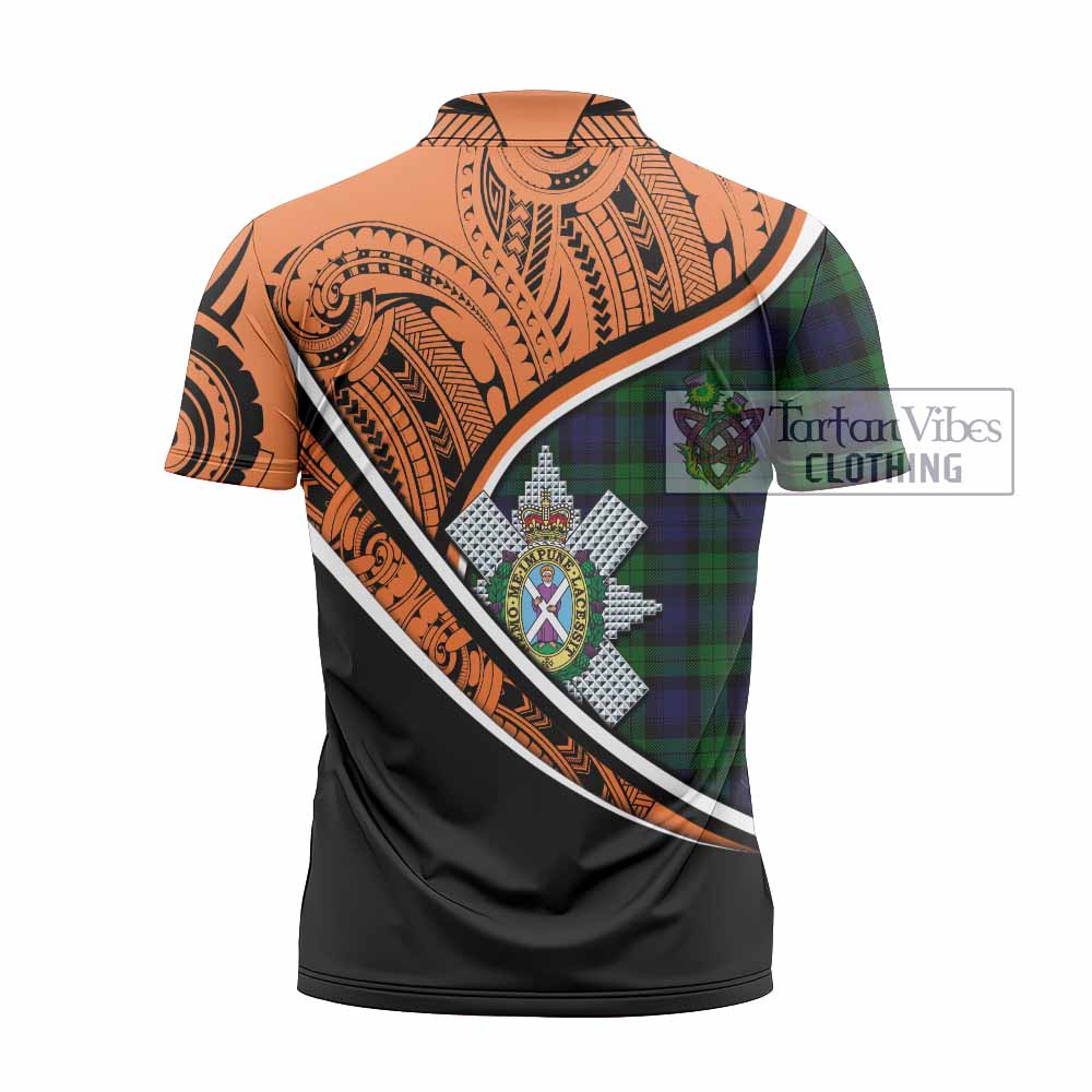 Tartan Vibes Clothing Black Watch Crest Tartan Zipper Polo Shirt with Maori Tattoo Style - Orange Version