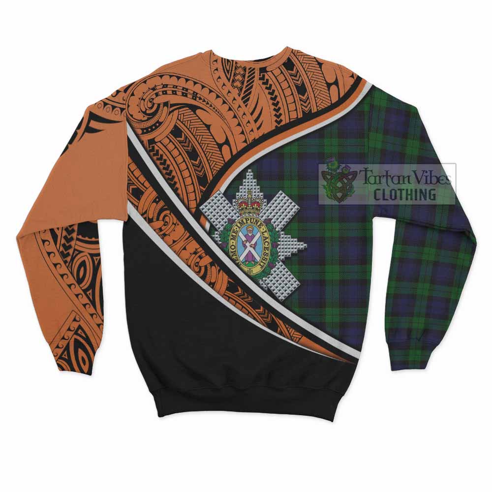 Tartan Vibes Clothing Black Watch Crest Tartan Sweatshirt with Maori Tattoo Style - Orange Version