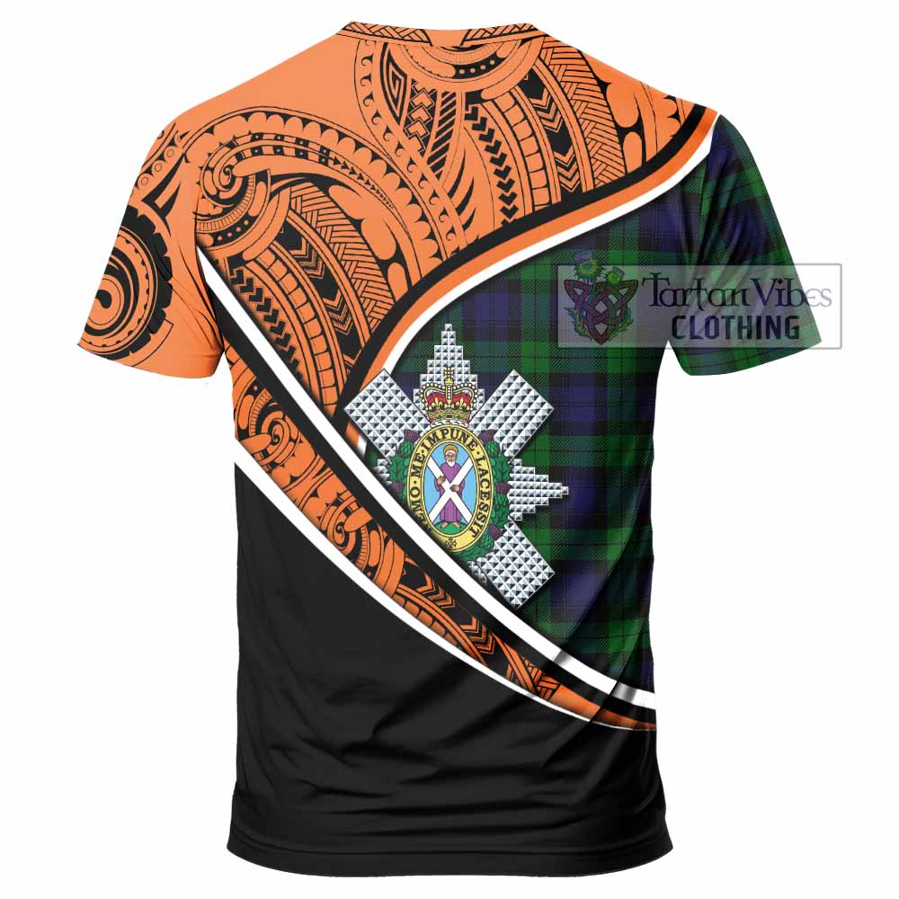 Tartan Vibes Clothing Black Watch Crest Tartan T-Shirt with Maori Tattoo Style - Orange Version