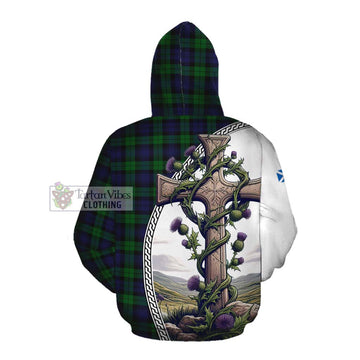 Black Watch Tartan Cotton Hoodie with Family Crest and St. Andrew's Cross Accented by Thistle Vines