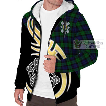 Black Watch Tartan Sherpa Hoodie with Family Crest and Celtic Symbol Style